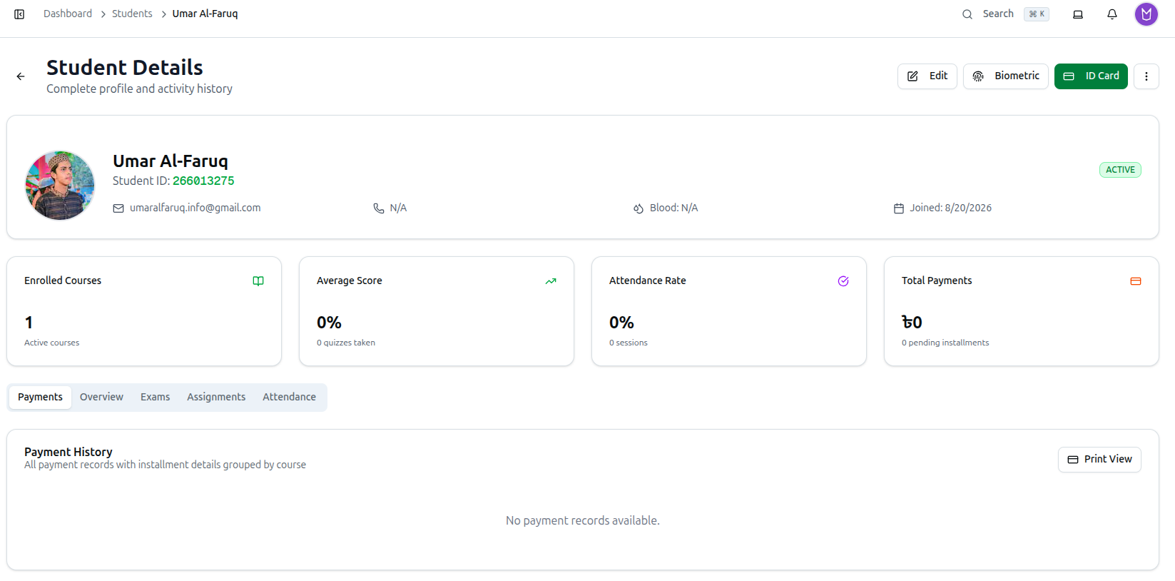 The Student Details page: header, profile card, four stat cards, and the Payments tab it opens on
