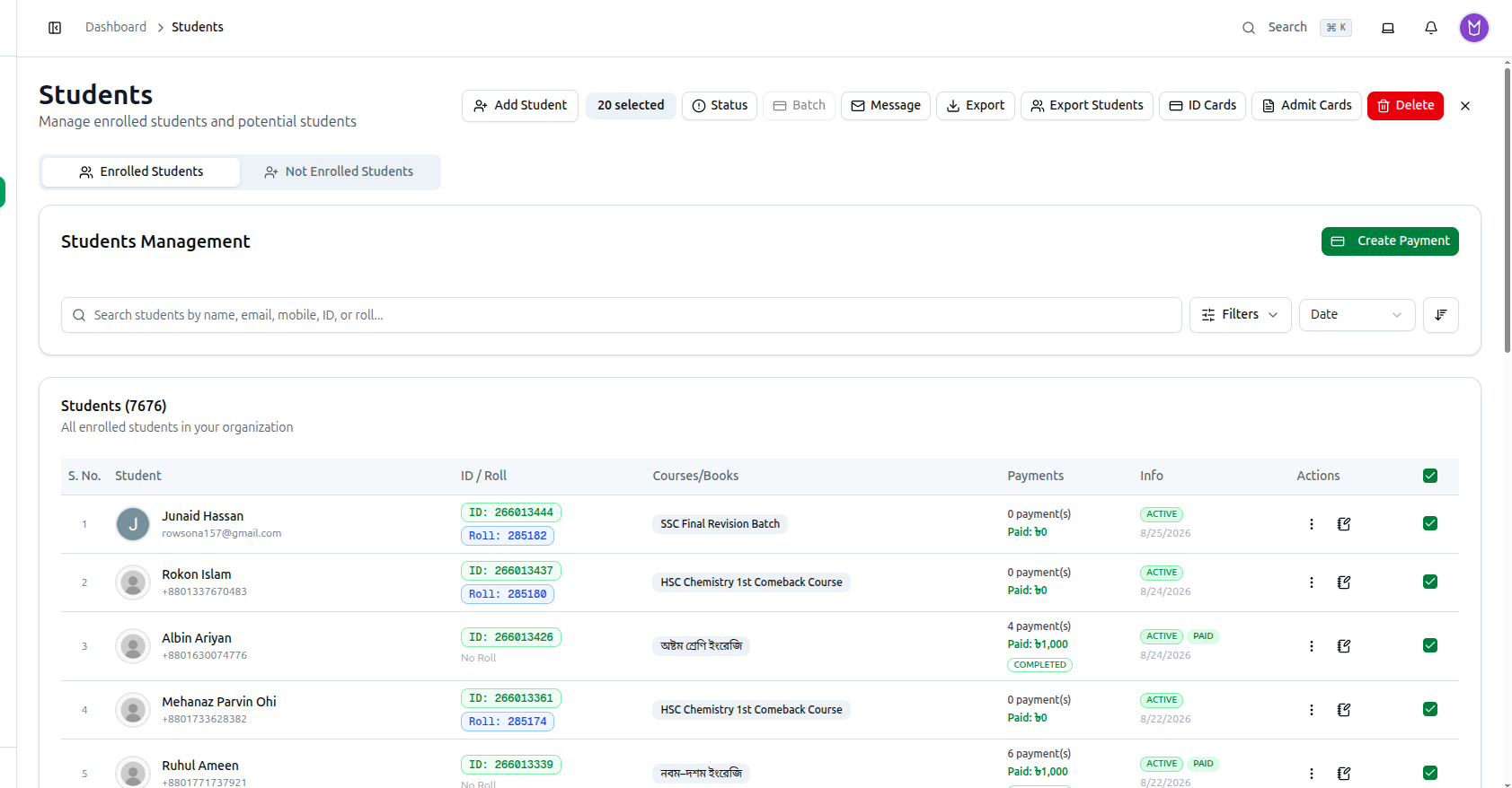The bulk action bar with 20 students selected: Status, Batch, Message, Export, Export Students, ID Cards, Admit Cards and Delete