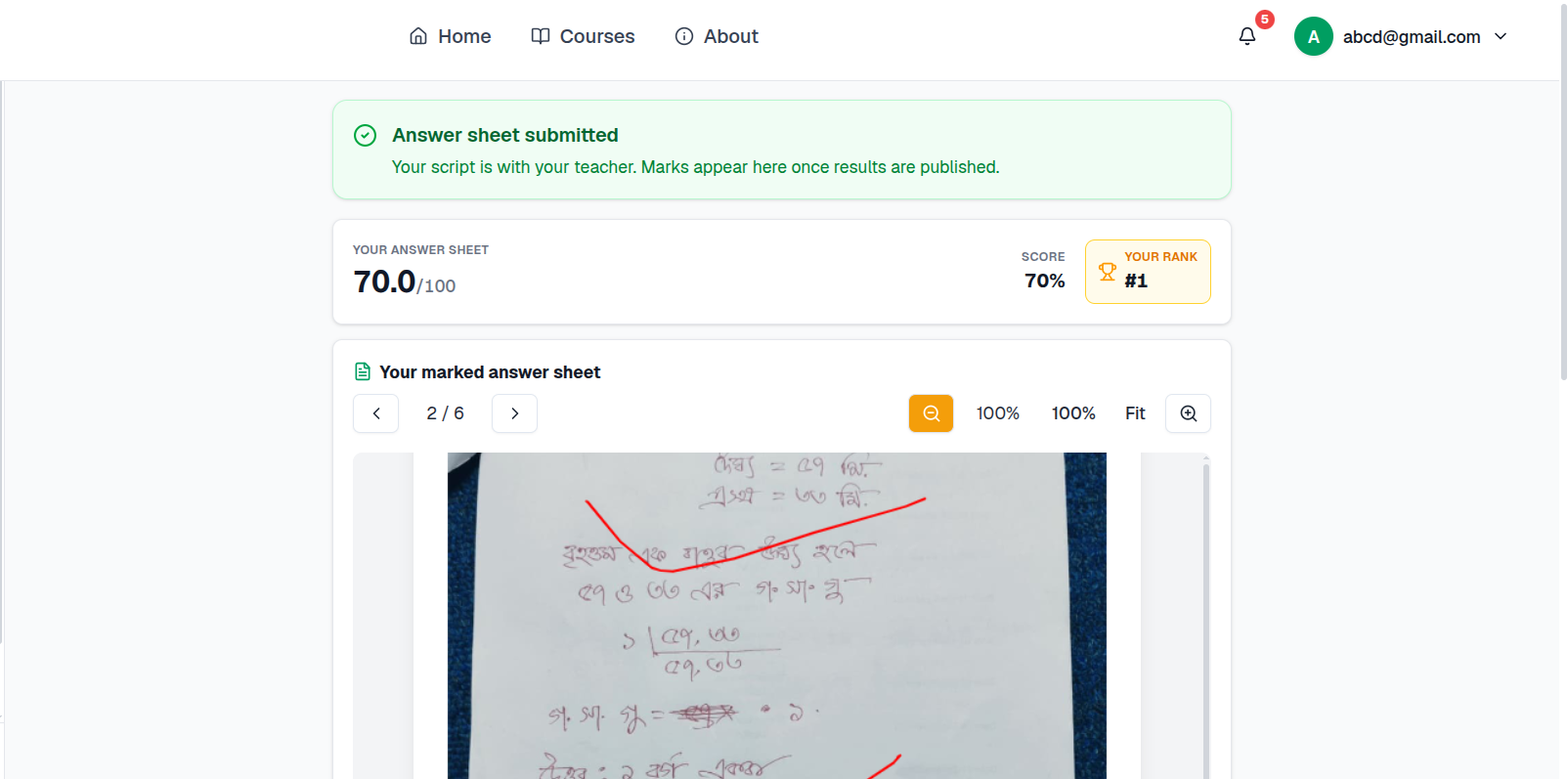 Student result view after publishing: Score 70.0/100, Your Rank #1, and the marked answer sheet with the teacher's annotations visible