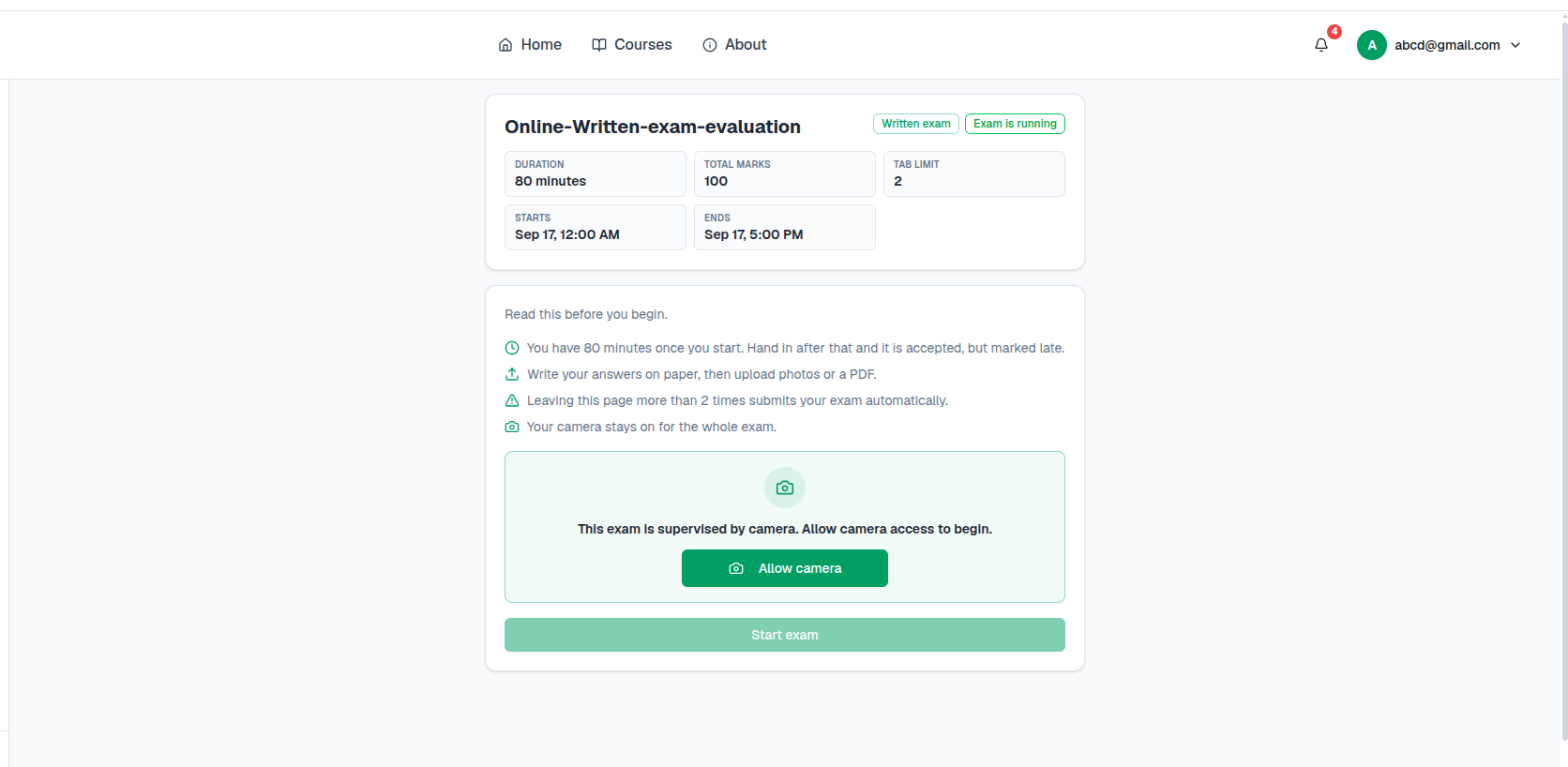 Student pre-exam screen showing duration, marks and tab limit, a rules checklist, and an Allow camera gate before Start exam