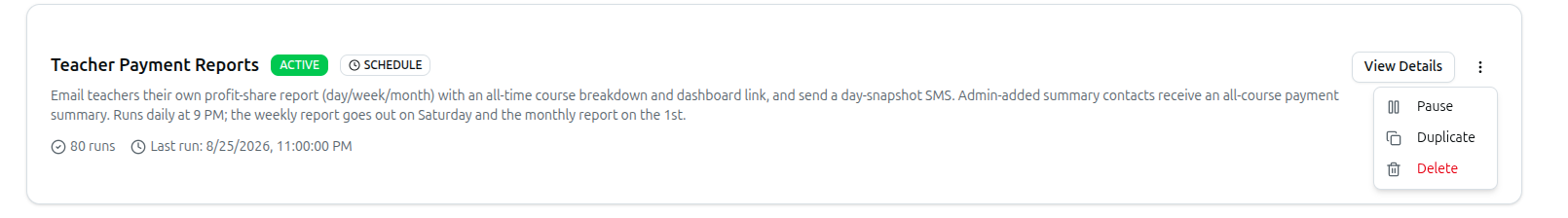 The ⋮ menu open on a workflow card: Pause, Duplicate, Delete