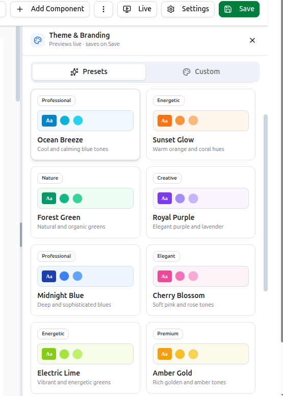 The Theme & Branding panel showing eight named colour presets