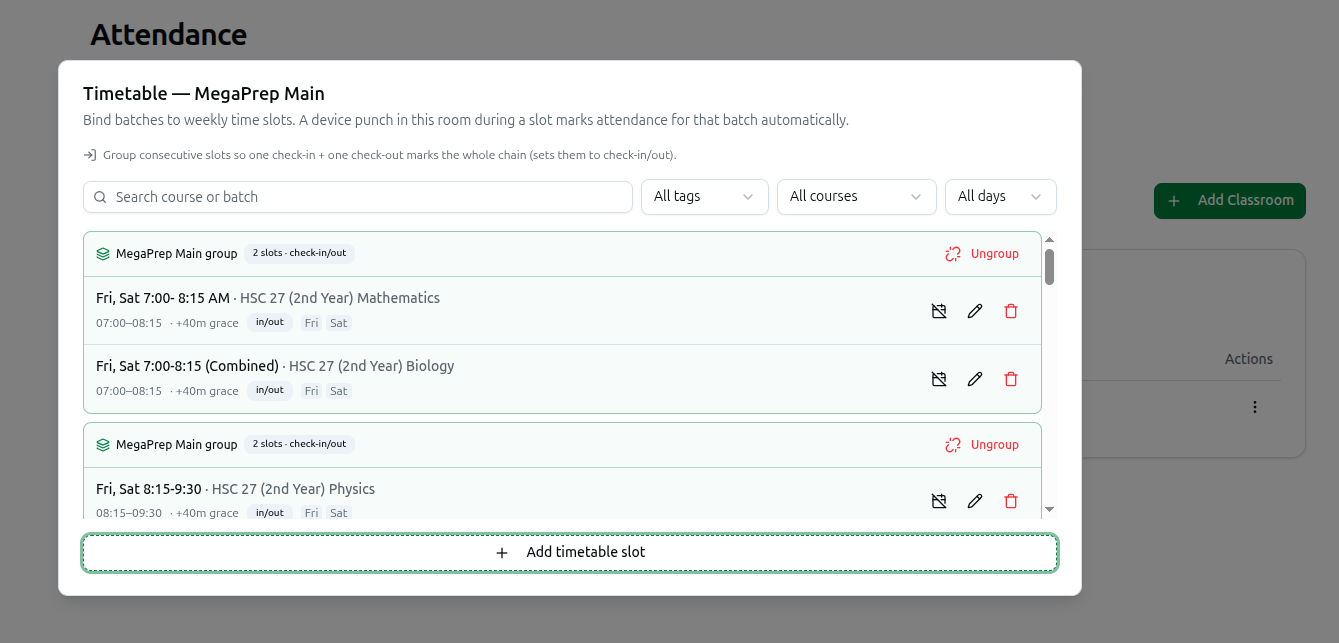The Timetable dialog: search/filter row, a grouped check-in/out slot pair, and Add timetable slot