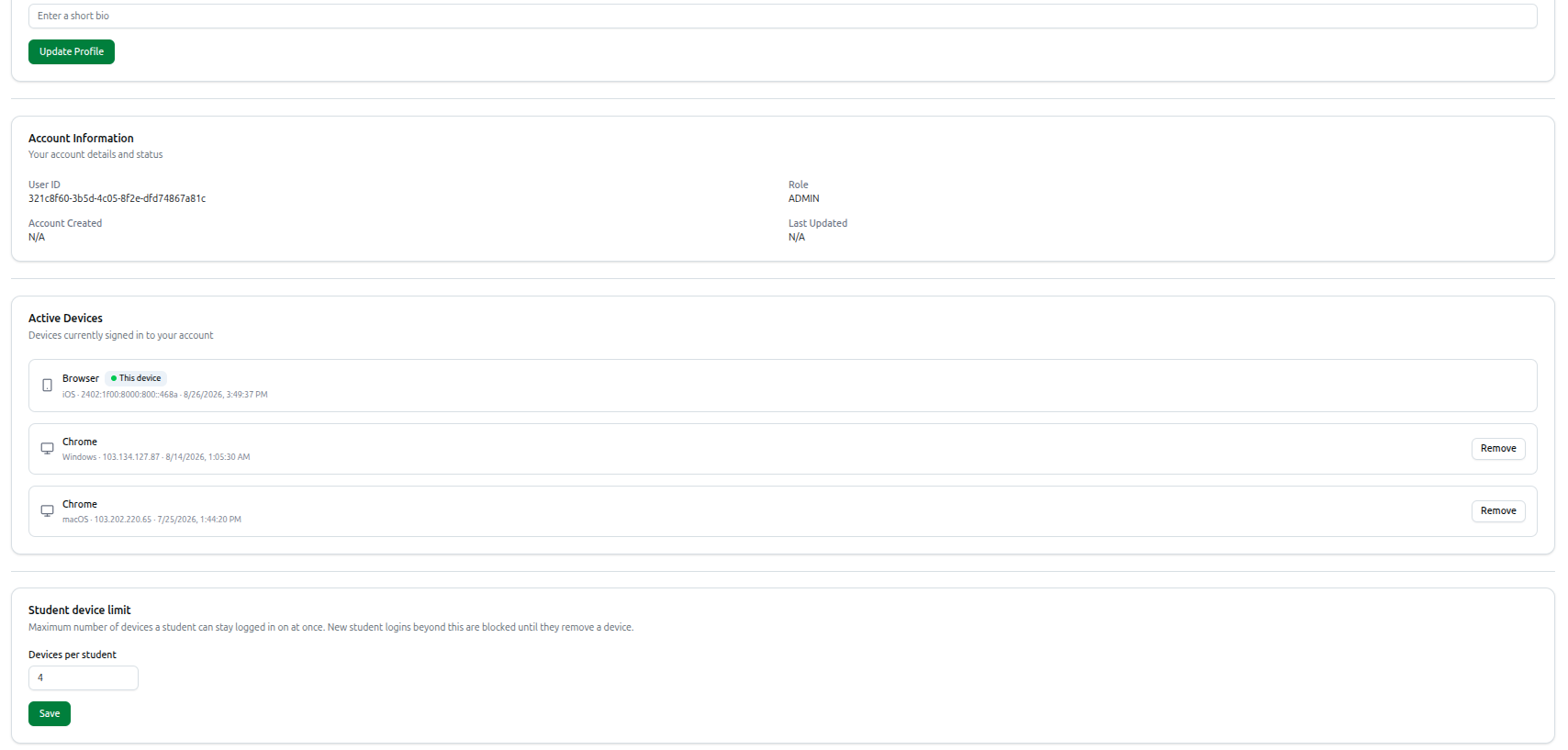 Screenshot of the Active Devices card listing signed-in devices with the This device badge and Remove buttons, and the Student device limit card below it