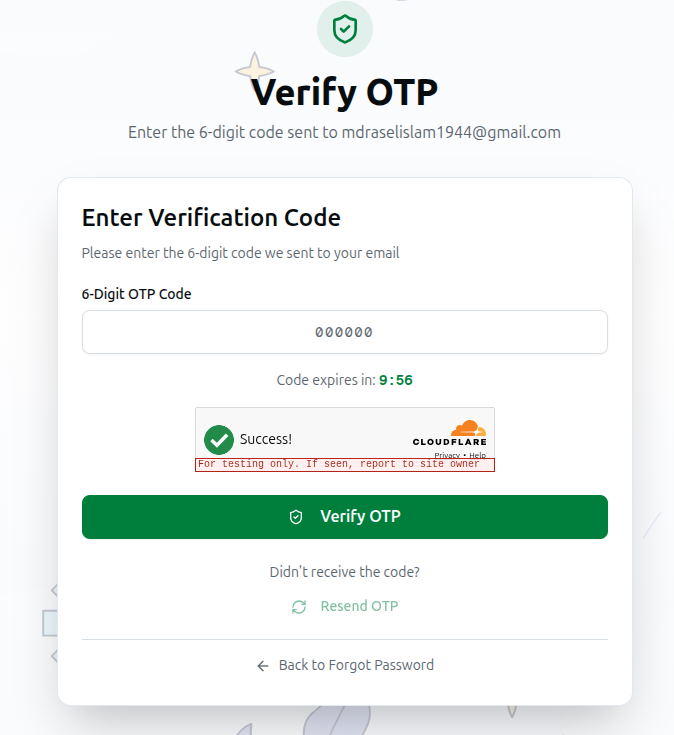 Verify OTP screen with the 6-digit code input, countdown timer and Verify OTP button