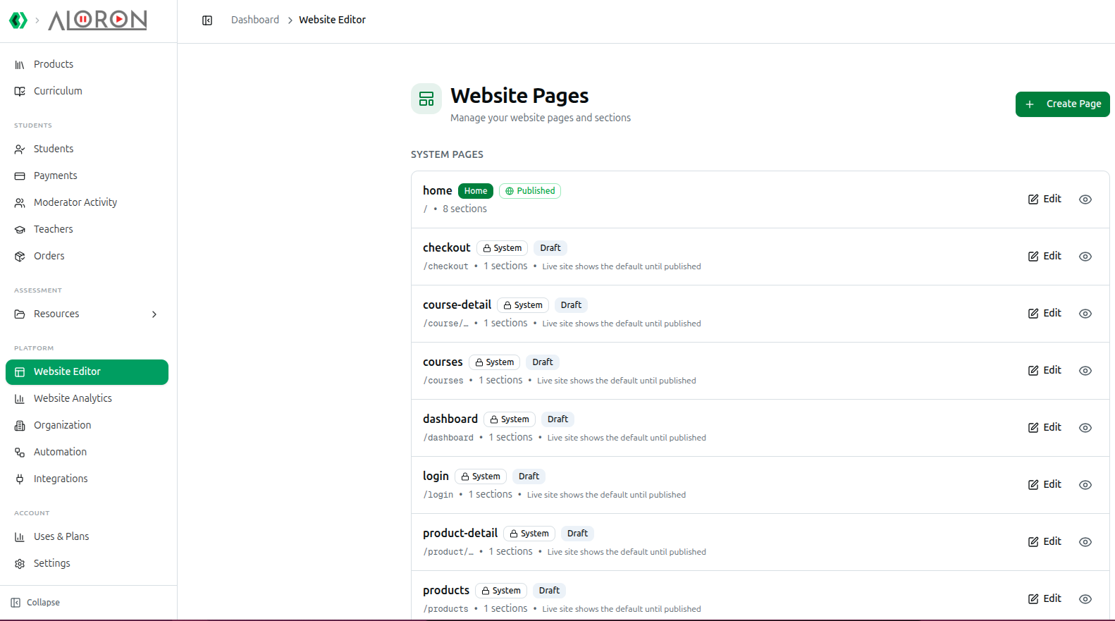 The Website Pages list showing System Pages with their publish status