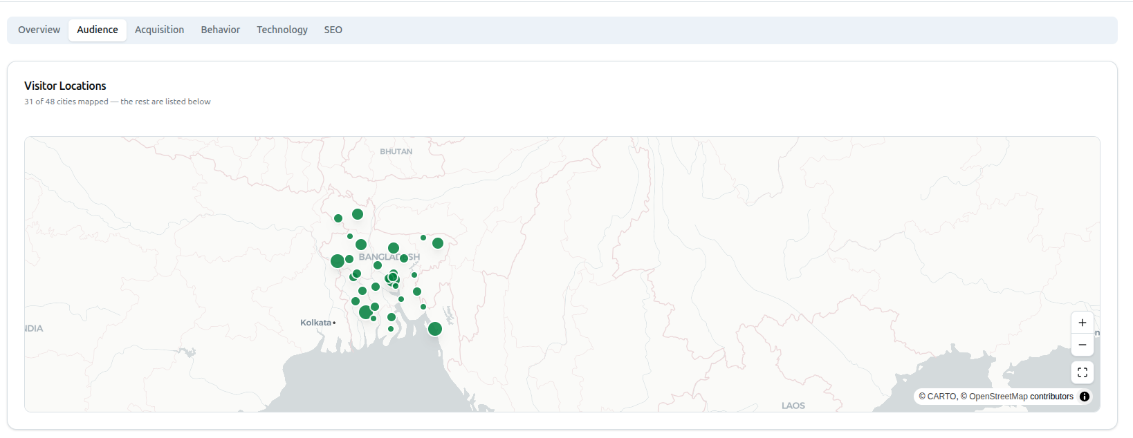Audience tab's Visitor Locations map, plotting visitor cities