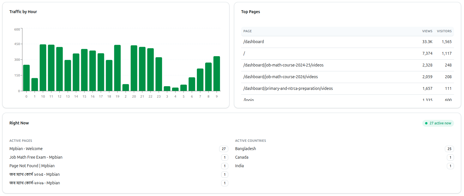 Overview tab's Traffic by Hour bar chart, Top Pages table, and the Right Now card showing active pages and active countries