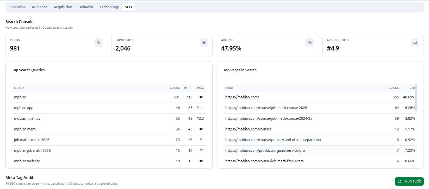 SEO tab's Search Console section — Clicks, Impressions, Avg. CTR and Avg. Position stat cards, Top Search Queries and Top Pages in Search tables — with the Meta Tag Audit section and its Run audit button below