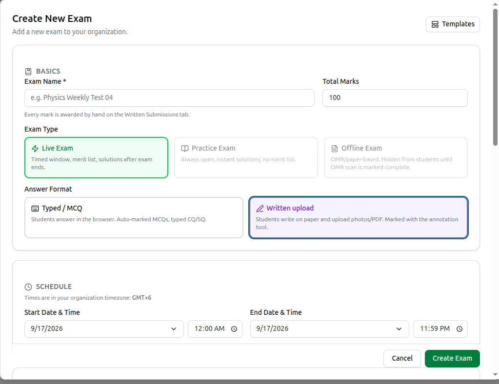 Create New Exam dialog with Written upload selected under Answer Format, and a note that every mark is awarded by hand