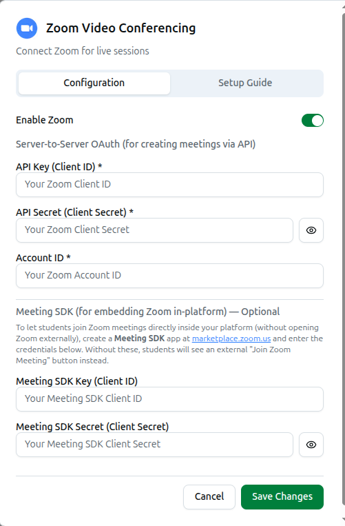 The Zoom Video Conferencing dialog with Server-to-Server OAuth and optional Meeting SDK fields